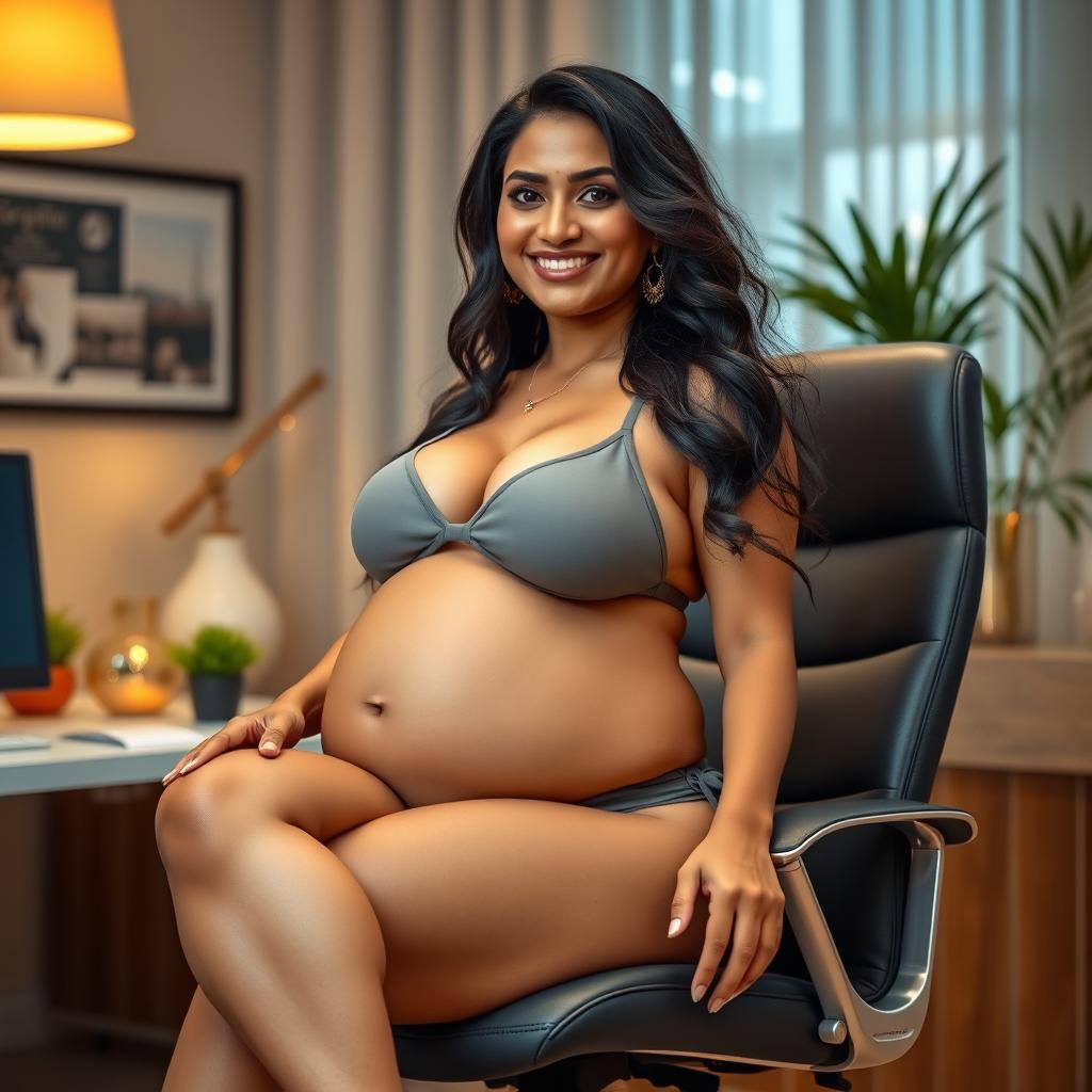 A confident woman resembling Shruti Haasan, sitting gracefully on a modern office chair, wearing a stylish bikini that highlights her big belly and big breasts