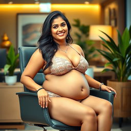 A confident woman resembling Shruti Haasan, sitting gracefully on a modern office chair, wearing a stylish bikini that highlights her big belly and big breasts