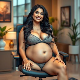 A confident woman resembling Shruti Haasan, sitting gracefully on a modern office chair, wearing a stylish bikini that highlights her big belly and big breasts