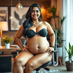A confident woman resembling Shruti Haasan, sitting gracefully on a modern office chair, wearing a stylish bikini that highlights her big belly and big breasts