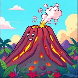 An animated illustration of a vibrant and stylized erupting volcano, with colorful lava oozing down its slopes and whimsical clouds of smoke swirling into the air