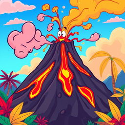 An animated illustration of a vibrant and stylized erupting volcano, with colorful lava oozing down its slopes and whimsical clouds of smoke swirling into the air