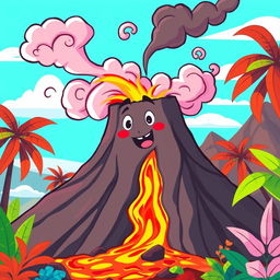 An animated illustration of a vibrant and stylized erupting volcano, with colorful lava oozing down its slopes and whimsical clouds of smoke swirling into the air
