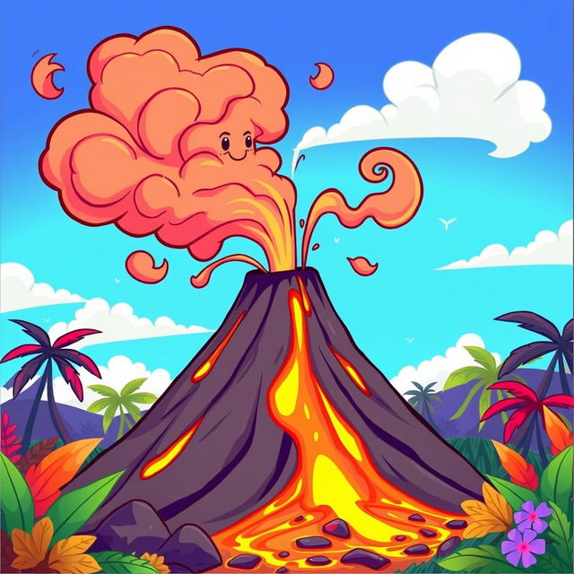 An animated illustration of a vibrant and stylized erupting volcano, with colorful lava oozing down its slopes and whimsical clouds of smoke swirling into the air