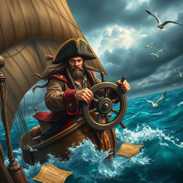 A heroic pirate, clad in a weathered yet ornate captain's attire, fiercely gripping the ship's helm with determination