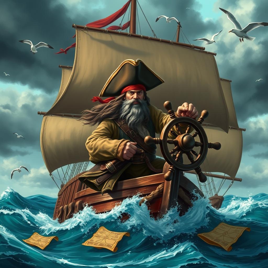 A heroic pirate, clad in a weathered yet ornate captain's attire, fiercely gripping the ship's helm with determination
