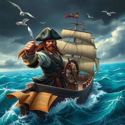 A heroic pirate, clad in a weathered yet ornate captain's attire, fiercely gripping the ship's helm with determination