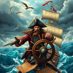A heroic pirate, clad in a weathered yet ornate captain's attire, fiercely gripping the ship's helm with determination