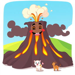 An animated illustration of a lively, cartoon-style volcano erupting with vibrant lava flowing down its sides