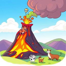An animated illustration of a lively, cartoon-style volcano erupting with vibrant lava flowing down its sides