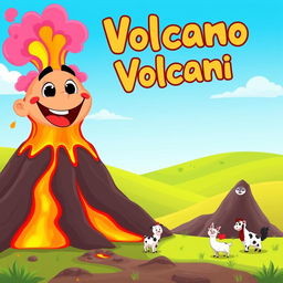 An animated illustration of a lively, cartoon-style volcano erupting with vibrant lava flowing down its sides