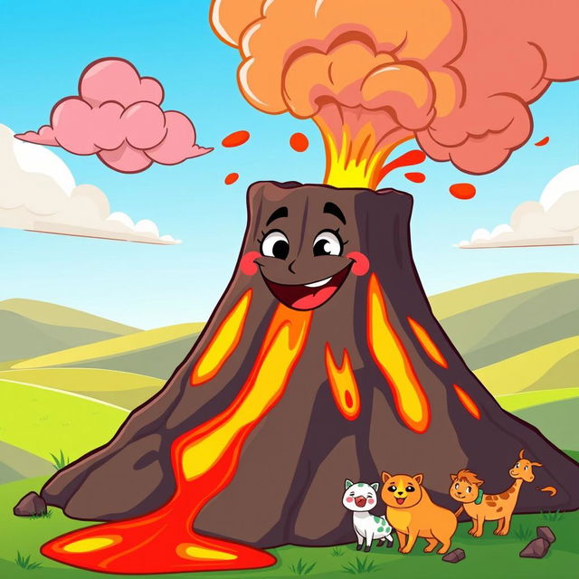 An animated illustration of a lively, cartoon-style volcano erupting with vibrant lava flowing down its sides