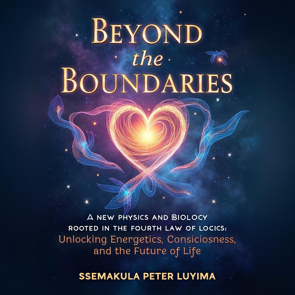 A stunning book cover for 'Beyond the Boundaries: A New Physics and Biology Rooted in the Fourth Law of Logic: Unlocking Energetics, Consciousness, and the Future of Life' authored by Ssemakula Peter Luyima
