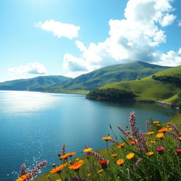 A serene landscape featuring a tranquil lake surrounded by lush green hills under a bright blue sky
