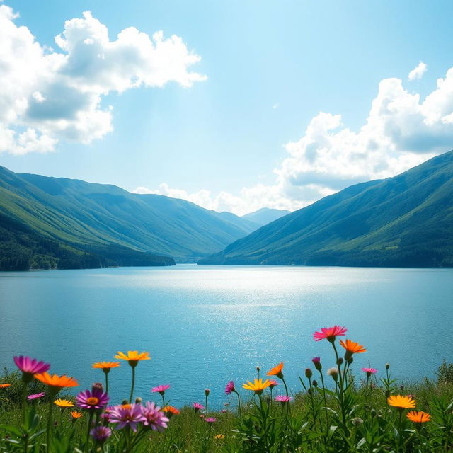 A serene landscape featuring a tranquil lake surrounded by lush green hills under a bright blue sky