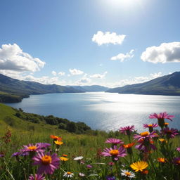 A serene landscape featuring a tranquil lake surrounded by lush green hills under a bright blue sky