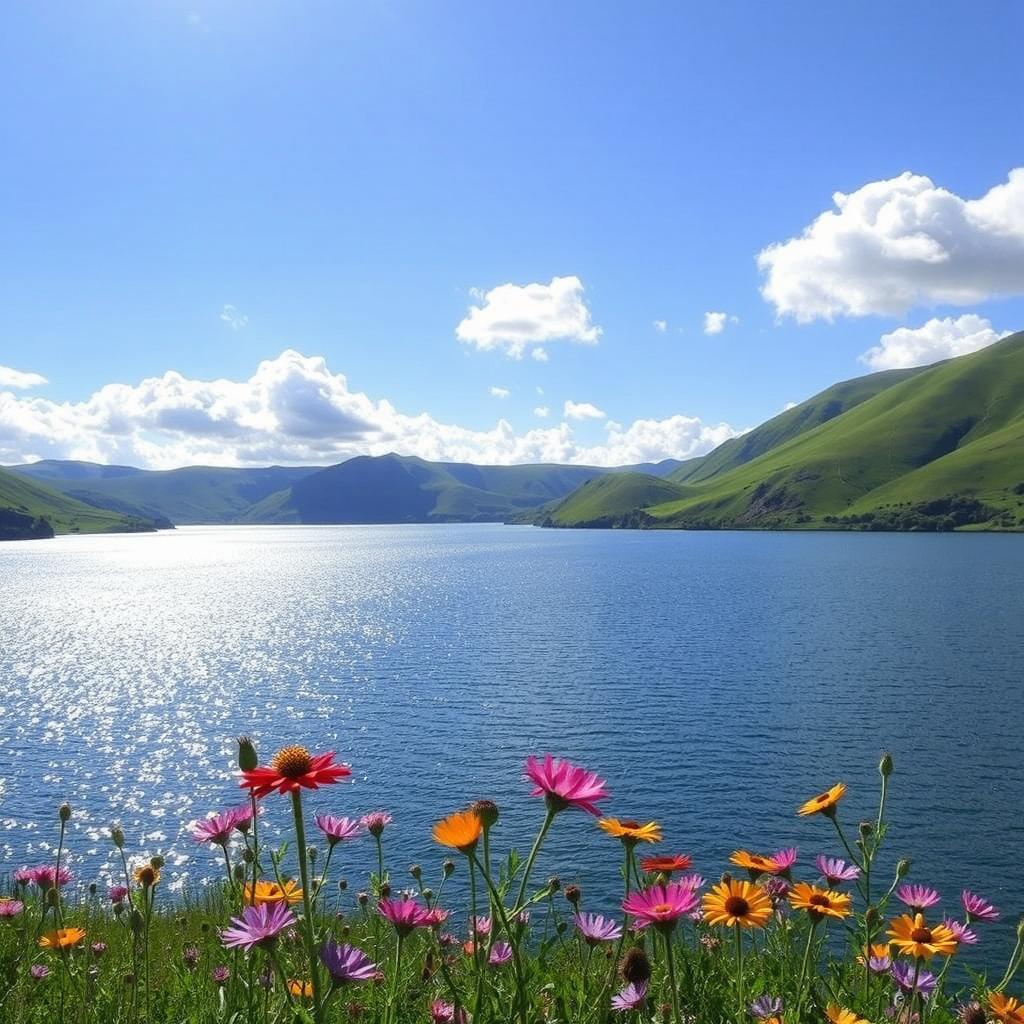 A serene landscape featuring a tranquil lake surrounded by lush green hills under a bright blue sky