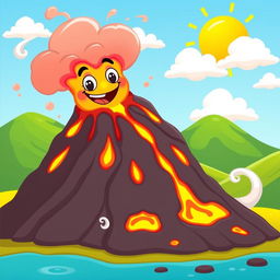 An animated depiction of a colorful and lively volcano erupting, featuring bright, exaggerated lava flows cascading down its sides