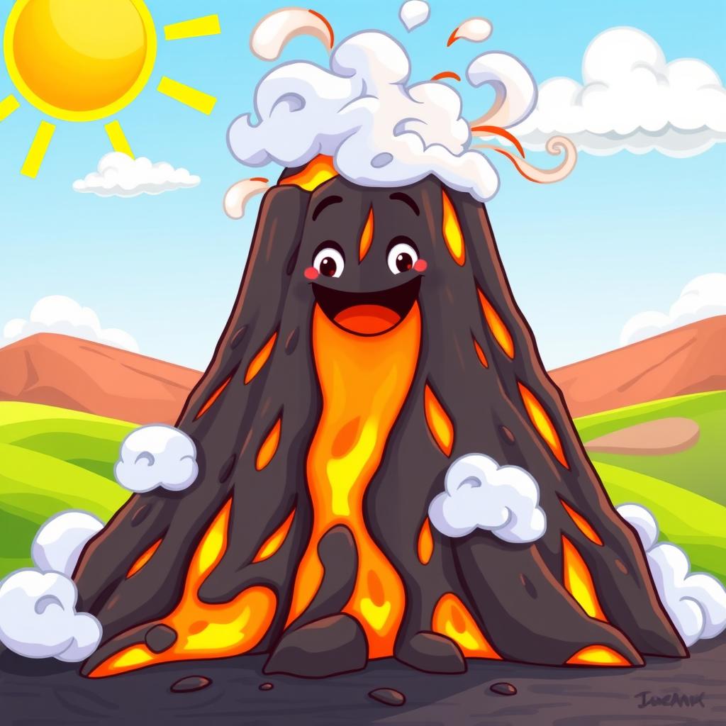 An animated depiction of a colorful and lively volcano erupting, featuring bright, exaggerated lava flows cascading down its sides