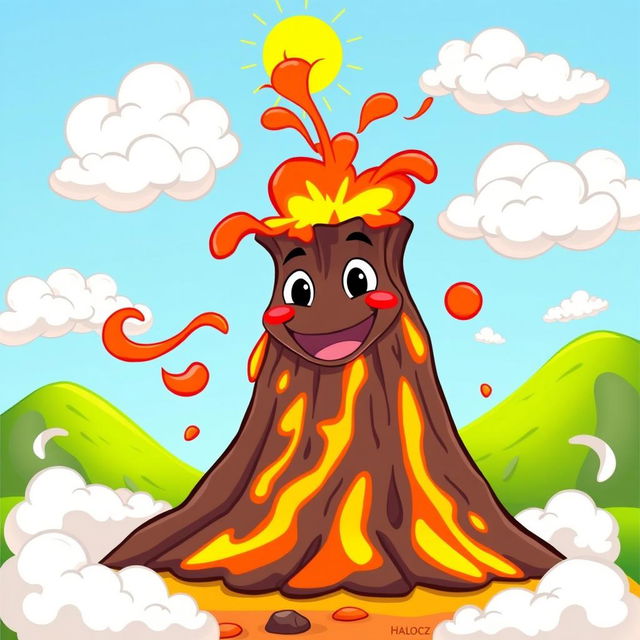 An animated depiction of a colorful and lively volcano erupting, featuring bright, exaggerated lava flows cascading down its sides