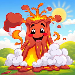 An animated depiction of a colorful and lively volcano erupting, featuring bright, exaggerated lava flows cascading down its sides