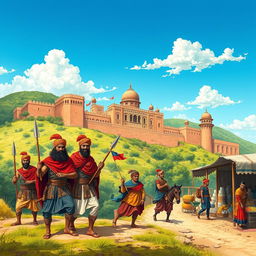 A detailed, vivid illustration of the Maratha Empire during its colonial period, showcasing a grand Maratha fort in the background with intricate architecture, surrounded by lush green hills