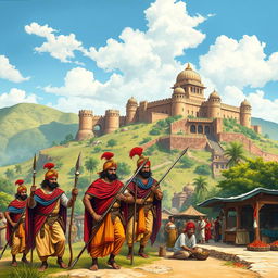 A detailed, vivid illustration of the Maratha Empire during its colonial period, showcasing a grand Maratha fort in the background with intricate architecture, surrounded by lush green hills