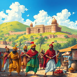 A detailed, vivid illustration of the Maratha Empire during its colonial period, showcasing a grand Maratha fort in the background with intricate architecture, surrounded by lush green hills