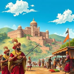A detailed, vivid illustration of the Maratha Empire during its colonial period, showcasing a grand Maratha fort in the background with intricate architecture, surrounded by lush green hills