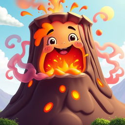An animated illustration of bright, molten magma bubbling inside a cartoon-style volcano