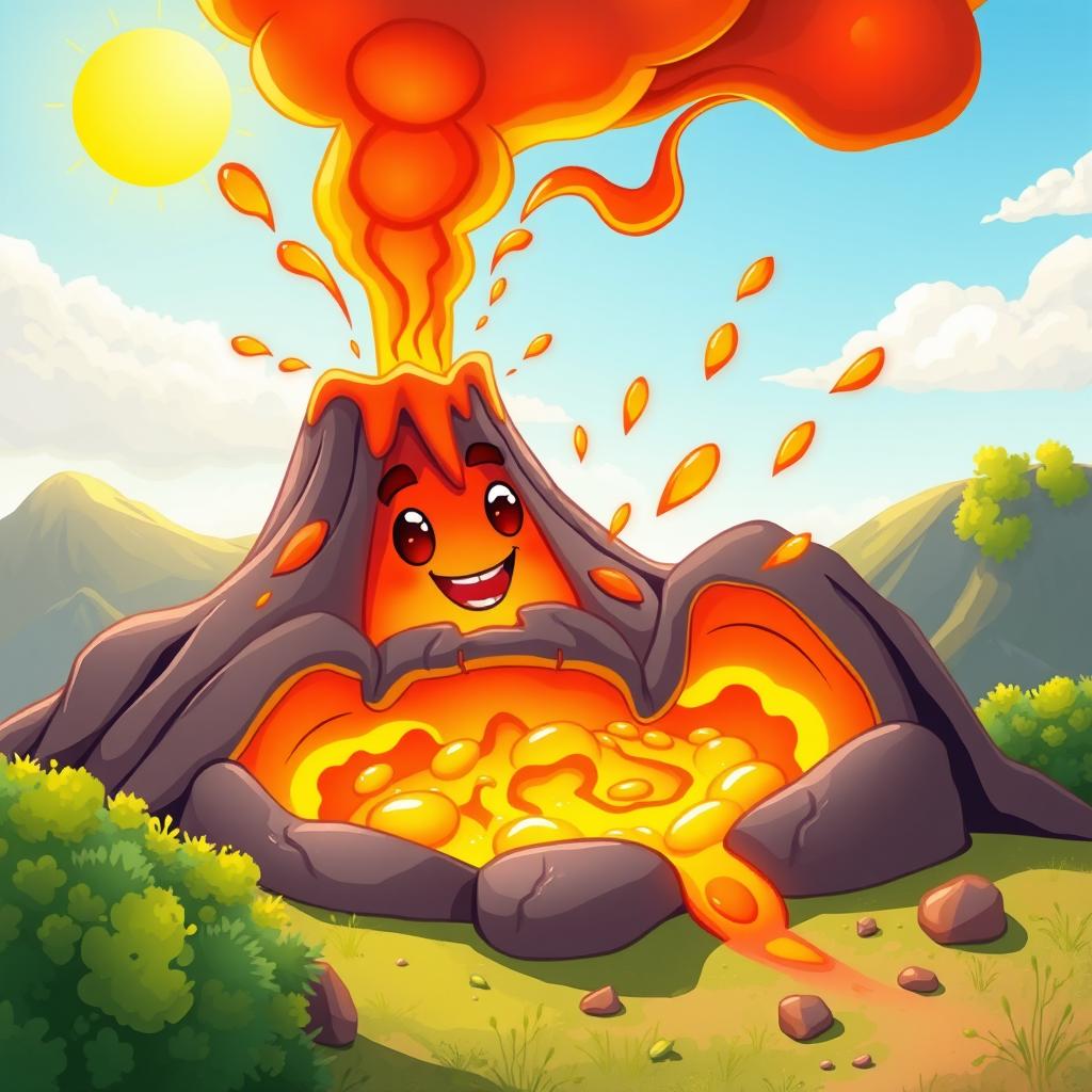 An animated illustration of bright, molten magma bubbling inside a cartoon-style volcano