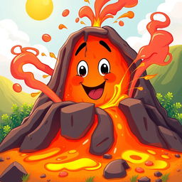 An animated illustration of bright, molten magma bubbling inside a cartoon-style volcano