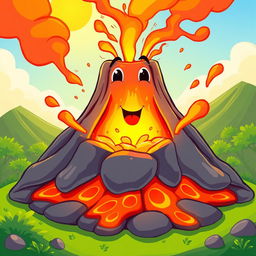 An animated illustration of bright, molten magma bubbling inside a cartoon-style volcano