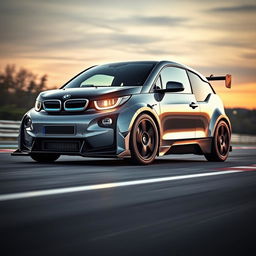 A cinematic shot of a time attack modified BMW i3, showcasing its unique aerodynamic features and bold modifications