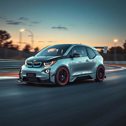 A cinematic shot of a time attack modified BMW i3, showcasing its unique aerodynamic features and bold modifications