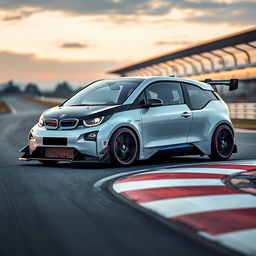 A cinematic shot of a time attack modified BMW i3, showcasing its unique aerodynamic features and bold modifications