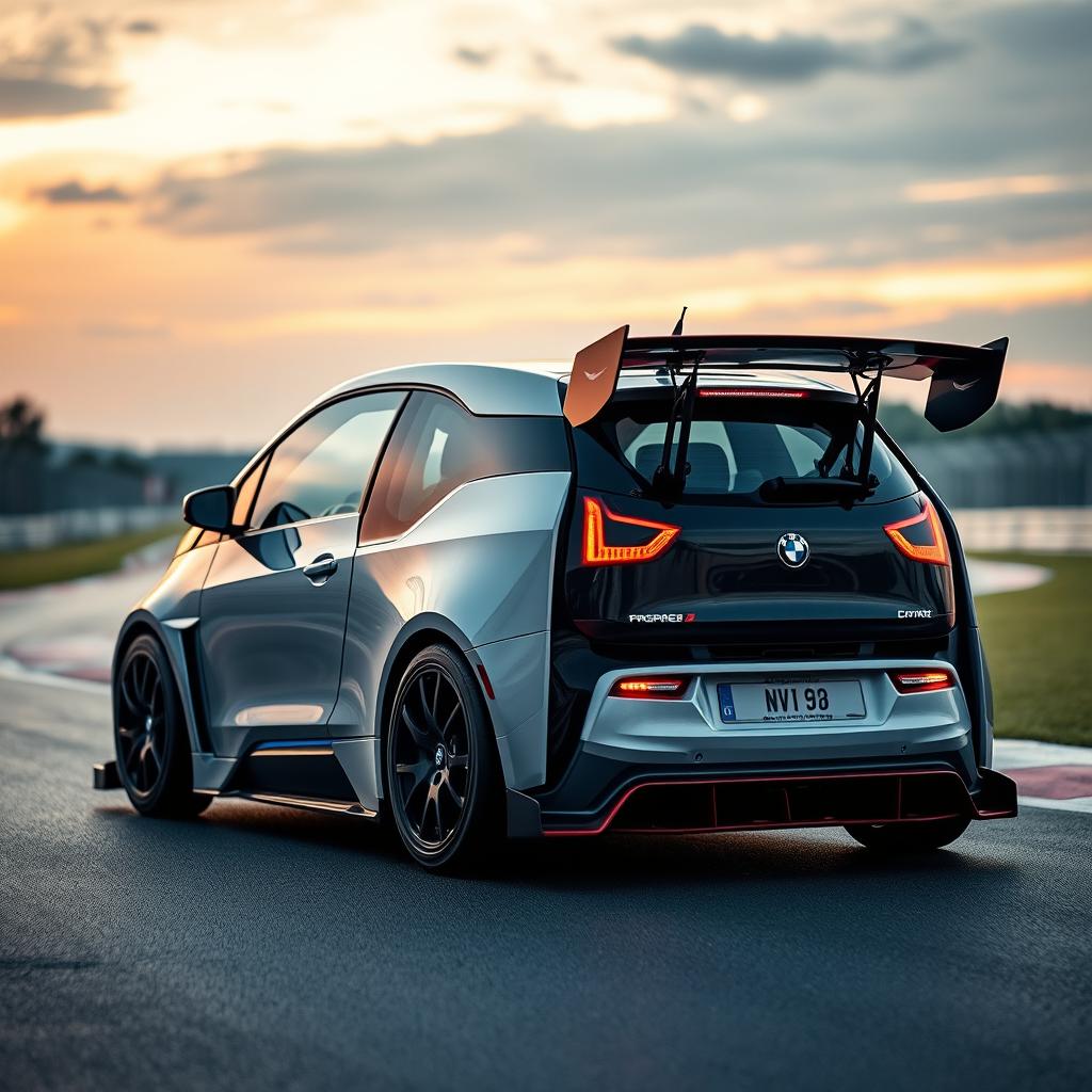 A cinematic shot of a time attack modified BMW i3, showcasing its unique aerodynamic features and bold modifications