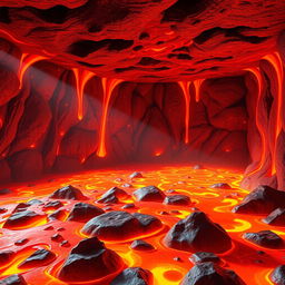 An animated magma room, depicting flowing lava, glowing orange and red hues, with rocks and molten materials scattered around