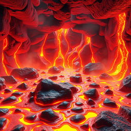 An animated magma room, depicting flowing lava, glowing orange and red hues, with rocks and molten materials scattered around