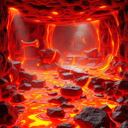 An animated magma room, depicting flowing lava, glowing orange and red hues, with rocks and molten materials scattered around