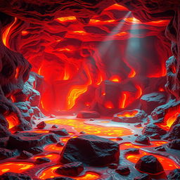 An animated magma room, depicting flowing lava, glowing orange and red hues, with rocks and molten materials scattered around