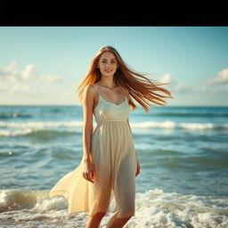 A young woman standing by a beautiful sea, with waves gently crashing at her feet