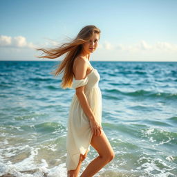 A young woman standing by a beautiful sea, with waves gently crashing at her feet