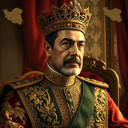 A detailed portrait of Mohammad Reza Pahlavi, the last Shah of Iran, depicted in an elegant royal setting