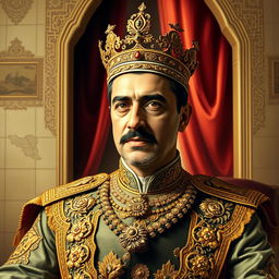 A detailed portrait of Mohammad Reza Pahlavi, the last Shah of Iran, depicted in an elegant royal setting