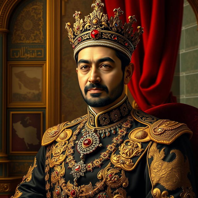 A detailed portrait of Mohammad Reza Pahlavi, the last Shah of Iran, depicted in an elegant royal setting