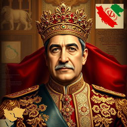 A detailed portrait of Mohammad Reza Pahlavi, the last Shah of Iran, depicted in an elegant royal setting