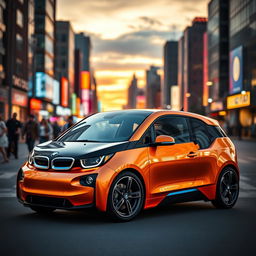 A cinematic shot of a sleek, modified BMW i3, showcasing its futuristic design and vivid colors