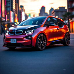 A cinematic shot of a sleek, modified BMW i3, showcasing its futuristic design and vivid colors