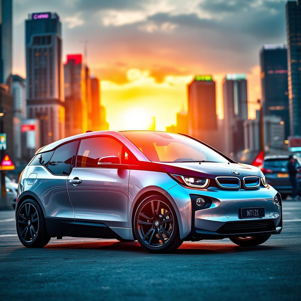 A cinematic shot of a sleek, modified BMW i3, showcasing its futuristic design and vivid colors